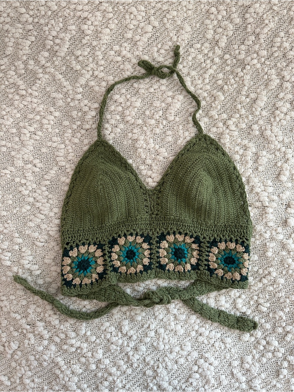 Lakhays Granny Square Crochet Halter Crop Top Bralette Green M/L